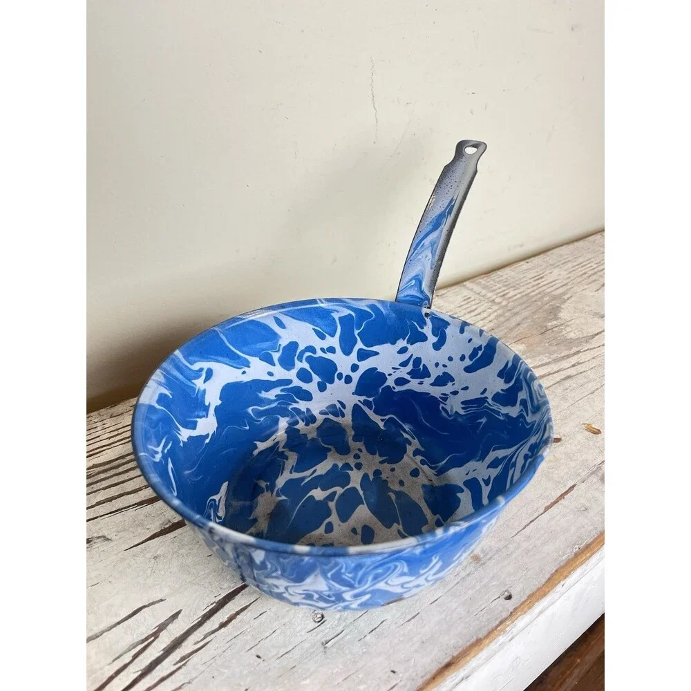Vintage Primitive Blue Slatterware Enamelware Saucepan W/Handle Rustic Home